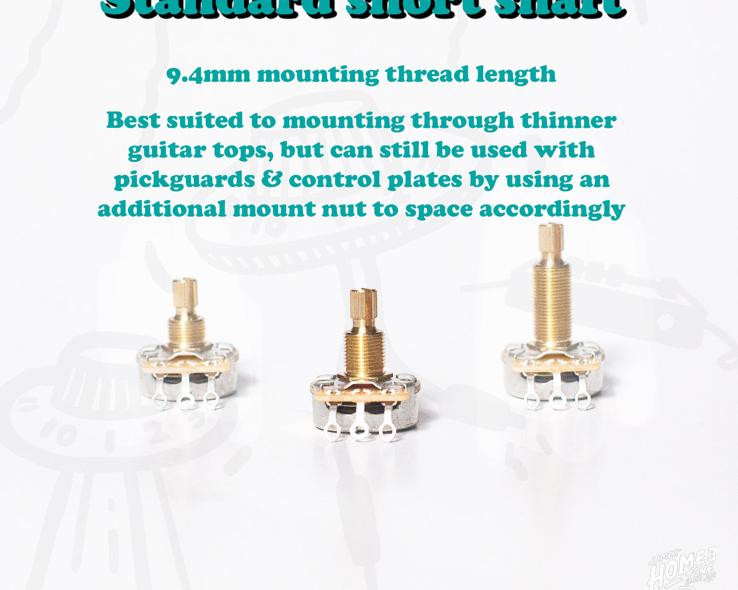 Three guitar hardware components with text describing the sizing of a CTS standard short shaft pot on a white background