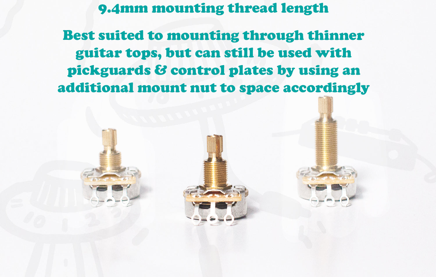 Three guitar hardware components with text describing the sizing of a CTS standard short shaft pot on a white background