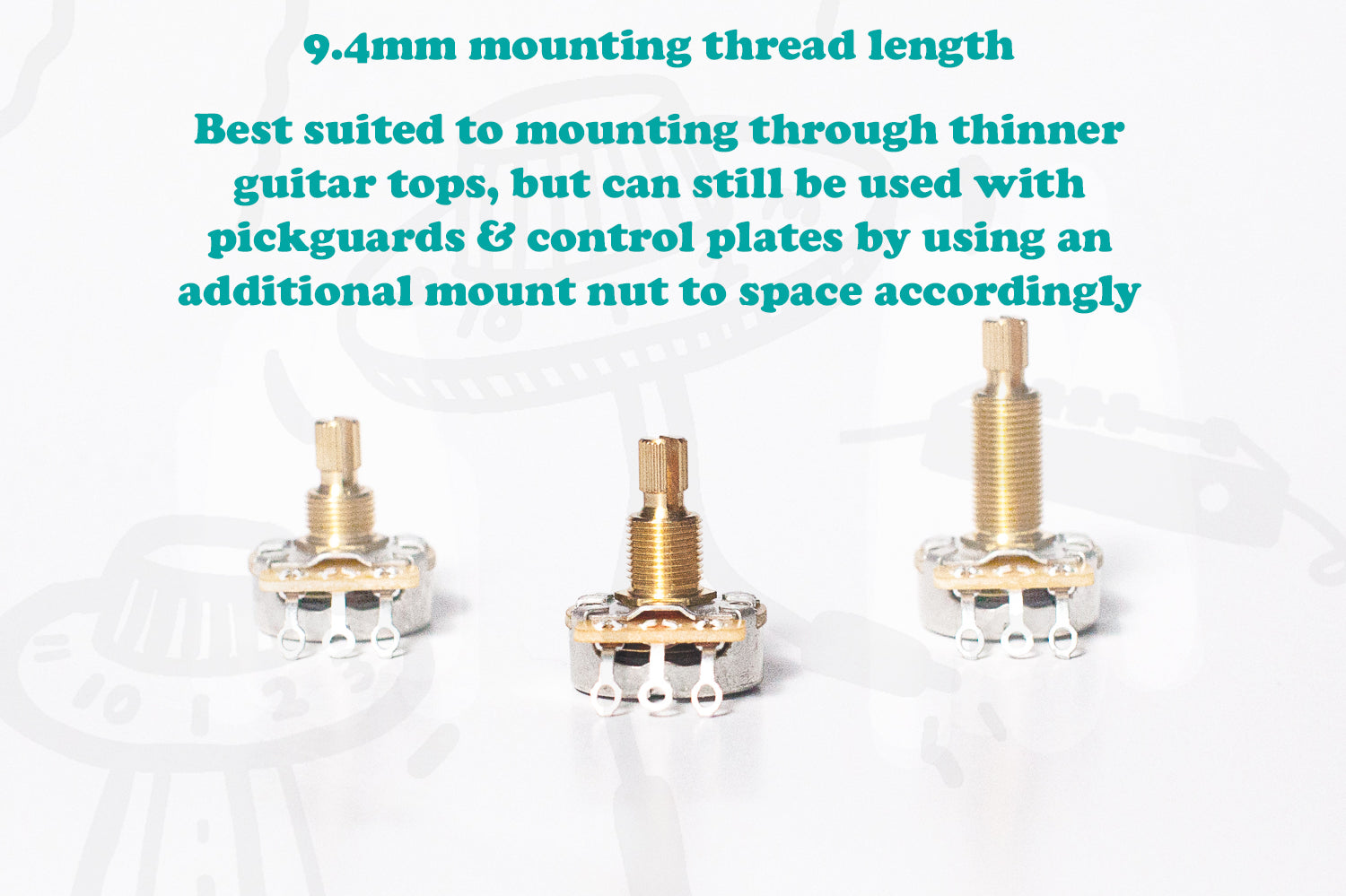 Three guitar hardware components with text describing the sizing of a CTS standard short shaft pot on a white background