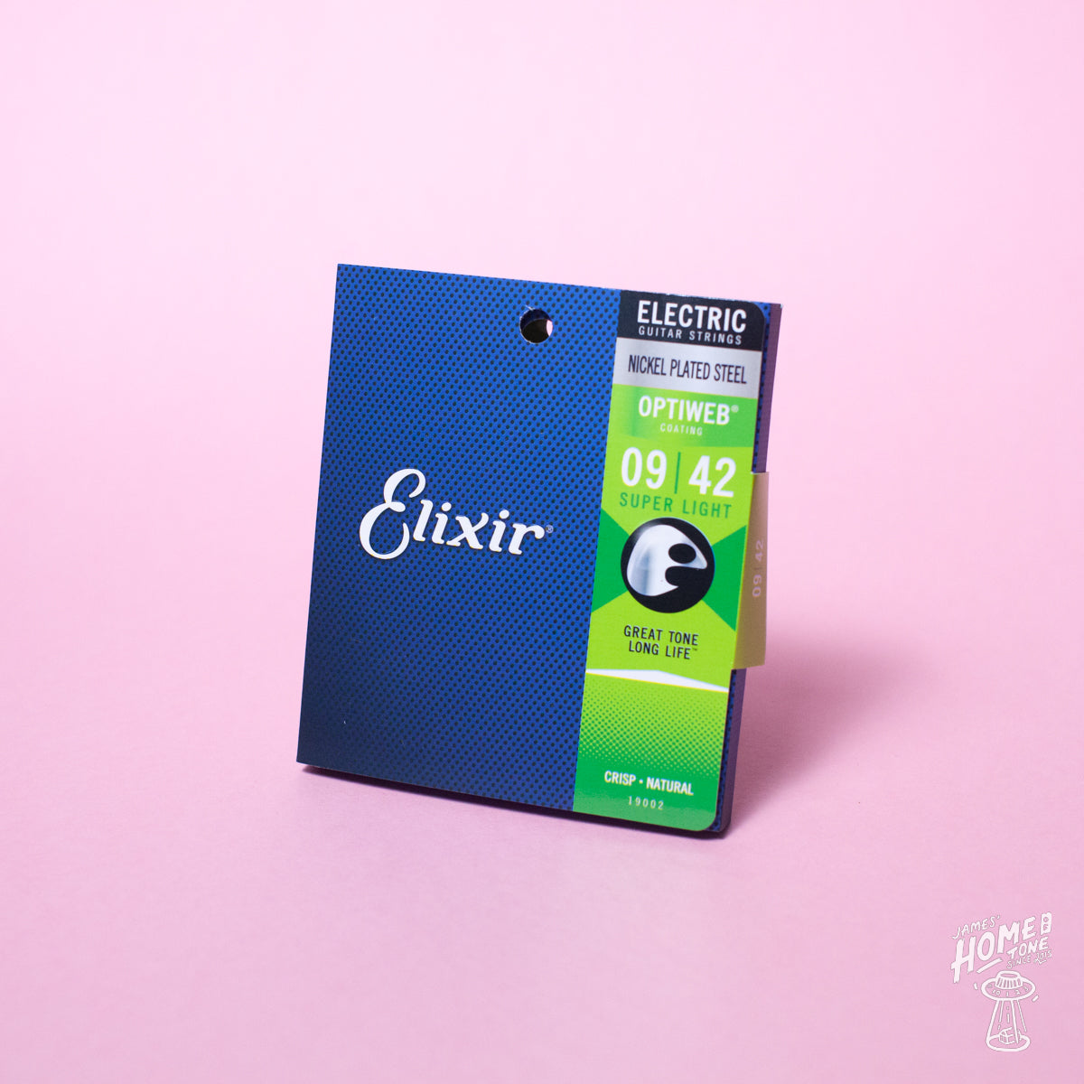 A pack of Elixir Optiweb coated nickel plated steel electric guitar strings with gauges 9-42 displayed against a pink background.