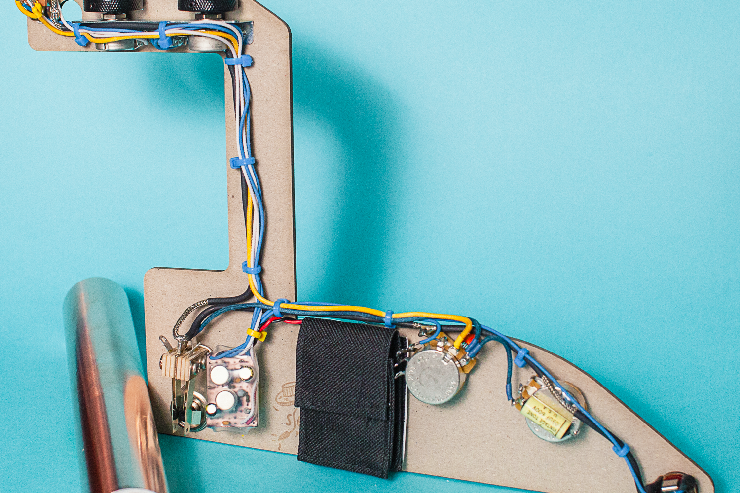Home of Tone NRG Signature Series FUZZMASTER fuzz wiring for Jazzmaster harness loom with roll of coppe foil shielding for cavities