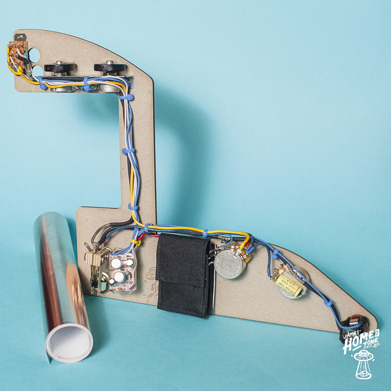 Home of Tone NRG Signature Series FUZZMASTER fuzz wiring for Jazzmaster harness loom with roll of coppe foil shielding for cavities