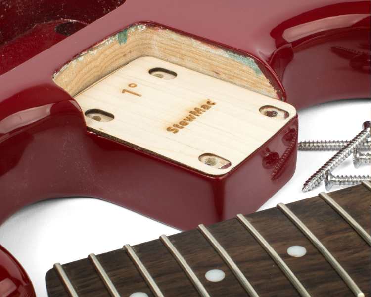 Diagram showing StewMac neck shim angle adjustment for guitar setup
