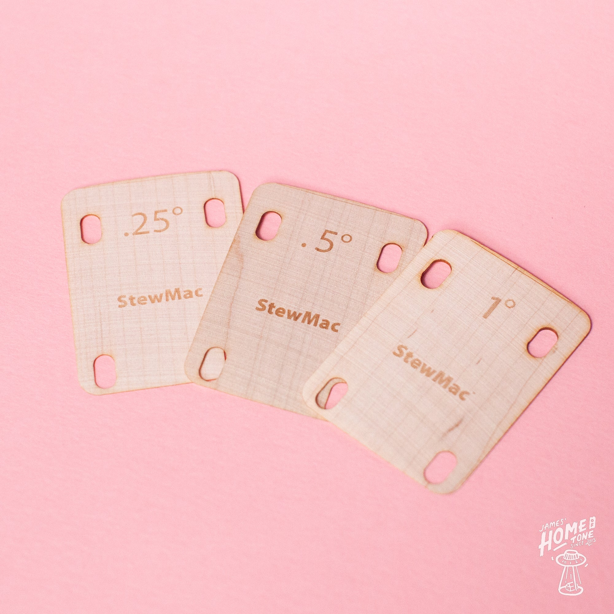 StewMac shaped neck heel shims for guitar in 0.25 degree, 0.5 degree and 1 degree angles