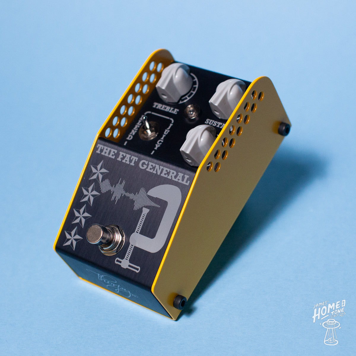 An image of ThorpyFX Pedals - THE FAT GENERAL MkII - Parallel Compressor, a guitar pedal with knobs and switches, predominantly black and yellow in color.