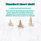 Three guitar hardware components with text describing the sizing of a CTS standard short shaft pot on a white background