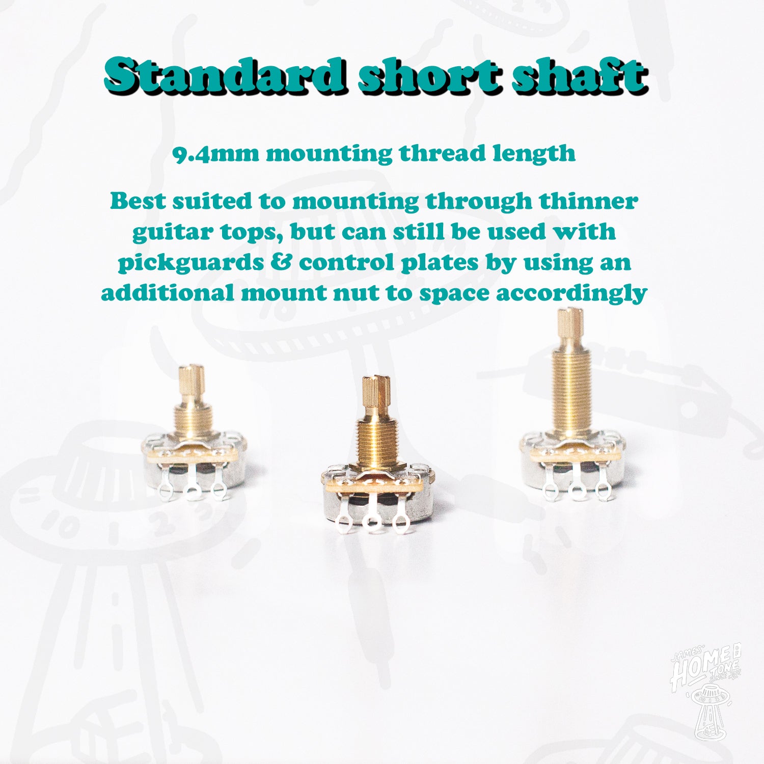 Three guitar hardware components with text describing the sizing of a CTS standard short shaft pot on a white background