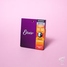 A pack of Elixir Nanoweb coated 80/20 bronze acoustic guitar strings with gauges displayed on the packaging.