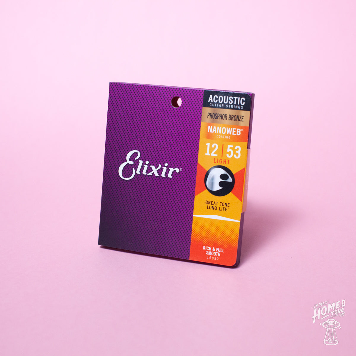 A pack of Elixir Nanoweb coated phosphor bronze acoustic guitar strings with gauges 12-53 displayed on a purple and orange card.