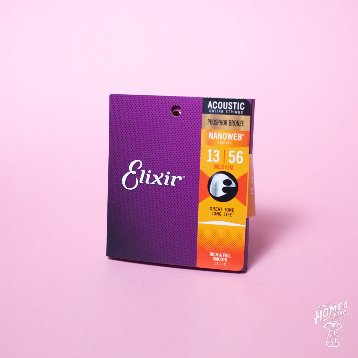 A pack of Elixir Nanoweb coated phosphor bronze acoustic guitar strings with the gauge range 13-56 visible on the packaging.
