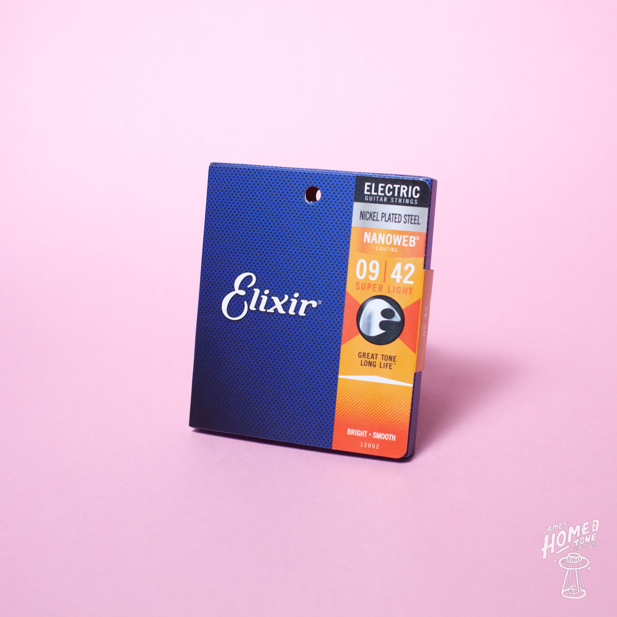 A pack of Elixir Nanoweb coated nickel plated steel electric guitar strings with gauges 9-42 displayed against a pink background.