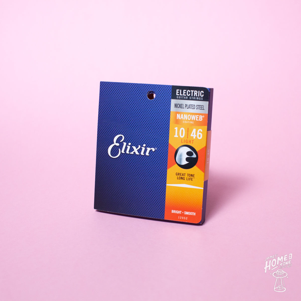 A pack of Elixir Nanoweb coated nickel plated steel electric guitar strings with gauges 10-46, displayed against a pink background.