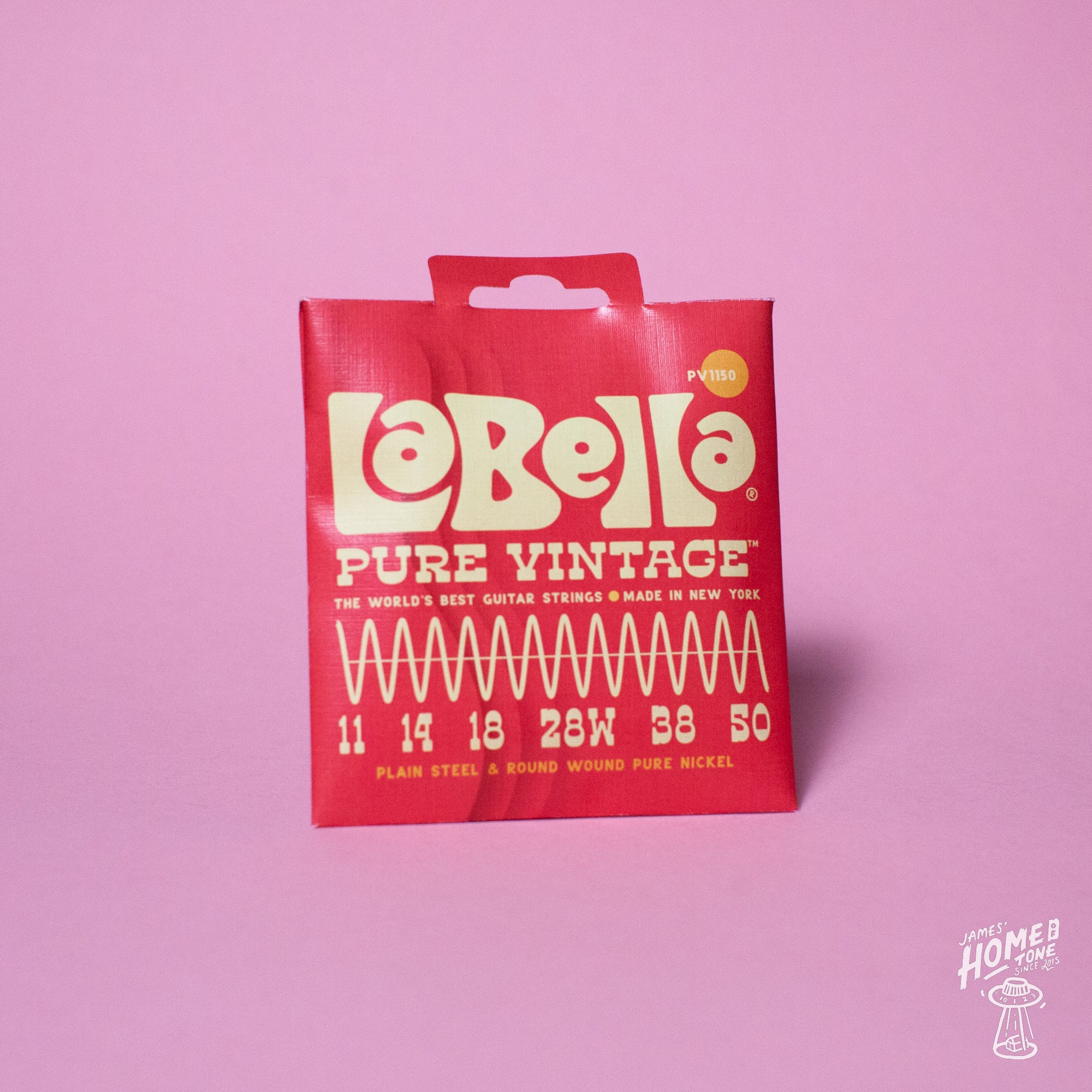 A red La Bella Pure Vintage electric guitar string bag with the brand and product information printed on the front.