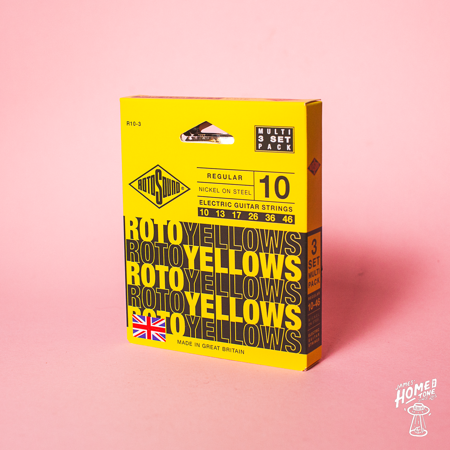 Rotosound Roto Yellow guitar string set packaging on a pink background
