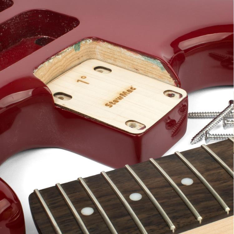 Diagram showing StewMac neck shim angle adjustment for guitar setup